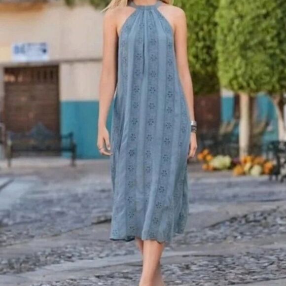 Sundance Eyelet Lace Floral Embroidered Halter Midi Dress Blue - Picture 1 of 6